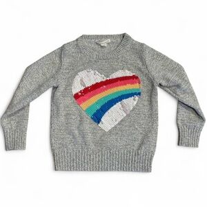 Crewcuts Gray Knit Sweater Sequin Rainbow Heart 100% Cotton Girl Size 4-5